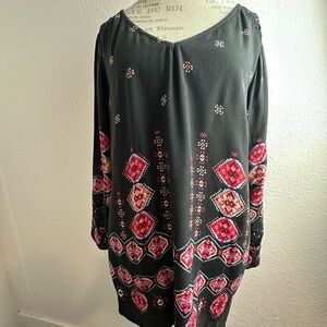 Fig and Flower Black Tunic Top with Red and Pink Patterns